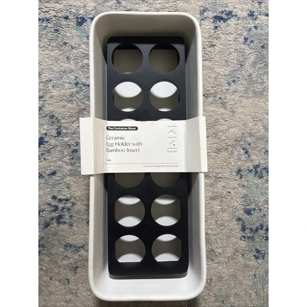 The Container Store Marie Kondo Ceramic Egg Holder Bamboo Insert Ink NEW HTF!